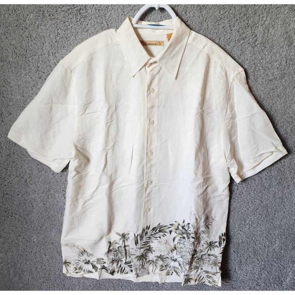 The Havanera Co White Floral Short Sleeve Button‎ Up Shirt Size M Linen Blend